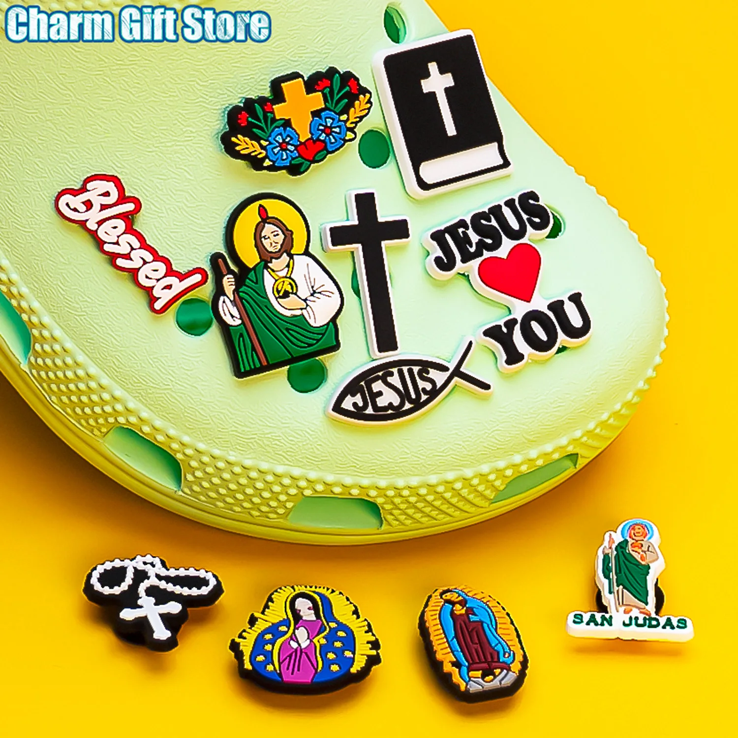 Color: Blue - 1pcs New Shoe Charm Religion PVC Clog Charms Crucifix Blessed Virgin Mary Clog Pin Clips Jeans Garden Sandal Shoe Decoration