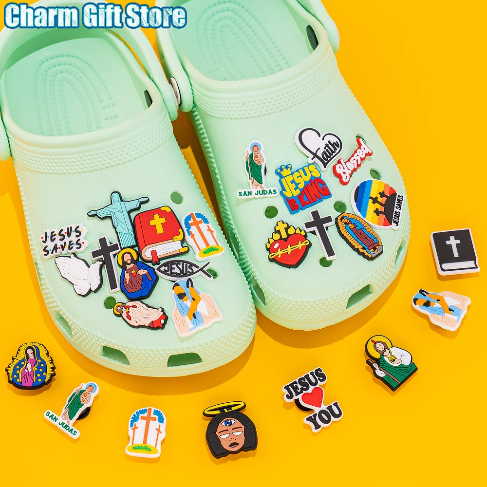 Color: Blue - 1pcs New Shoe Charm Religion PVC Clog Charms Crucifix Blessed Virgin Mary Clog Pin Clips Jeans Garden Sandal Shoe Decoration