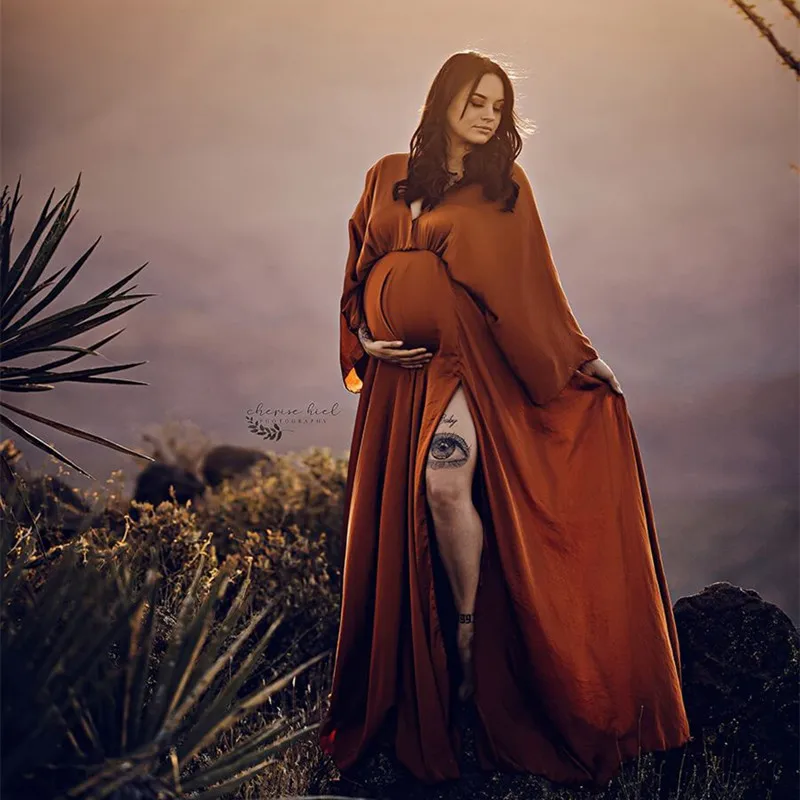 Color: MULTI - Boho Maternity Photography Props V Neck Dresses Free Size Adjustable Soft Pregnancy Photo Shoot Sides Slit For Baby Shower