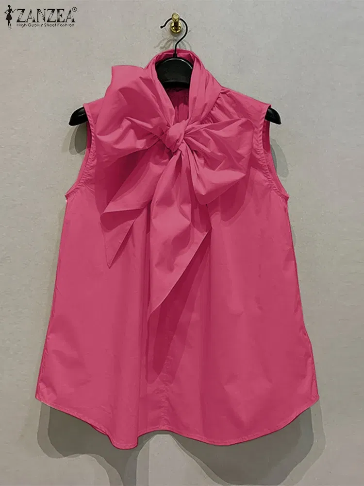 Color: Beige, Size: XXL - ZANZEA Women Fashion Bow Tie Neck Tank Tops 2024 Summer Casual Solid Sleeveless Blusas Mujer Elegant Korean Style Shirts Blouses