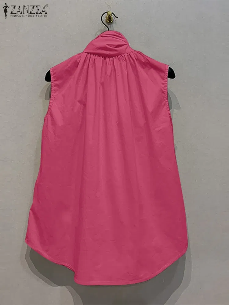 Color: Beige, Size: XXL - ZANZEA Women Fashion Bow Tie Neck Tank Tops 2024 Summer Casual Solid Sleeveless Blusas Mujer Elegant Korean Style Shirts Blouses