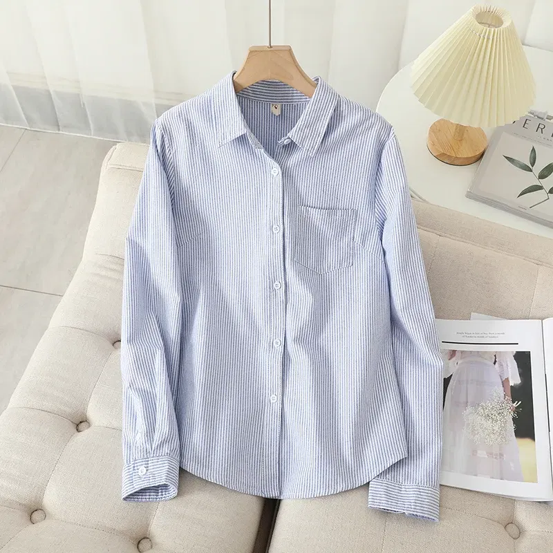Color: Pink, Size: S - Women's Casual Cotton Oxford Shirt 2023 New Woman Striped Blouse and Tops Simple Solid Lady White Blue Shirts Clothes