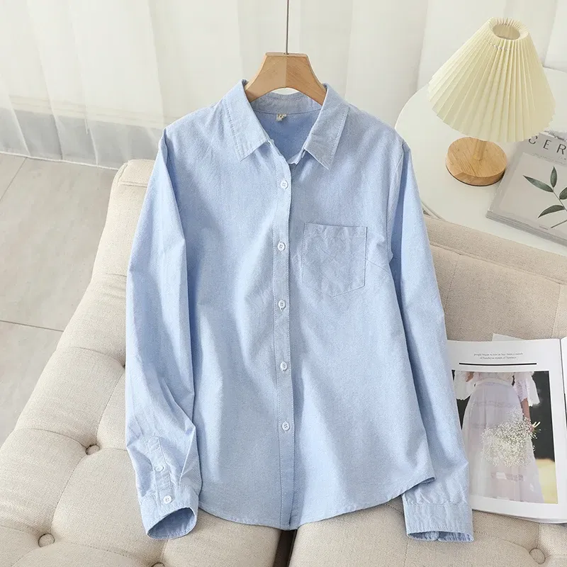 Color: Pink, Size: S - Women's Casual Cotton Oxford Shirt 2023 New Woman Striped Blouse and Tops Simple Solid Lady White Blue Shirts Clothes