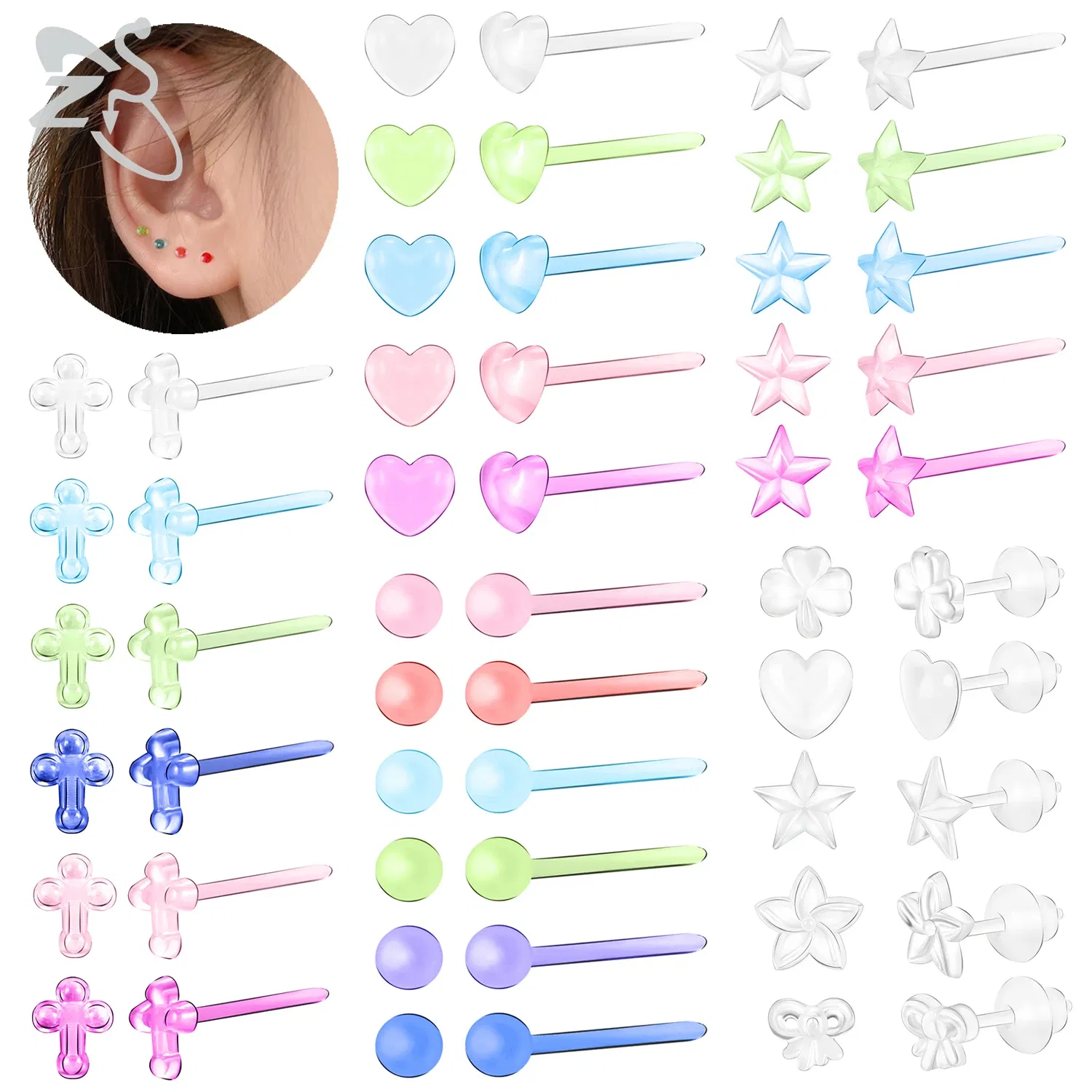 Metal Color: Light Yellow Gold Color - ZS 10-50pcs/lot Colorful Acrylic Stud Earring Invisible Transparent  Anti-allergy Ear Pin 20G Star Ball Curing Ear Hole Retainer