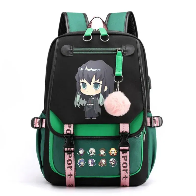 Color: Silver, Size: 17 Inches - Demon Slayer Backpack Schoolbag USB Laptop Bag Tokitou Muichirou Kanroji Mitsuri Men Women Rucksack Travel Shoulder Outdoor Bags