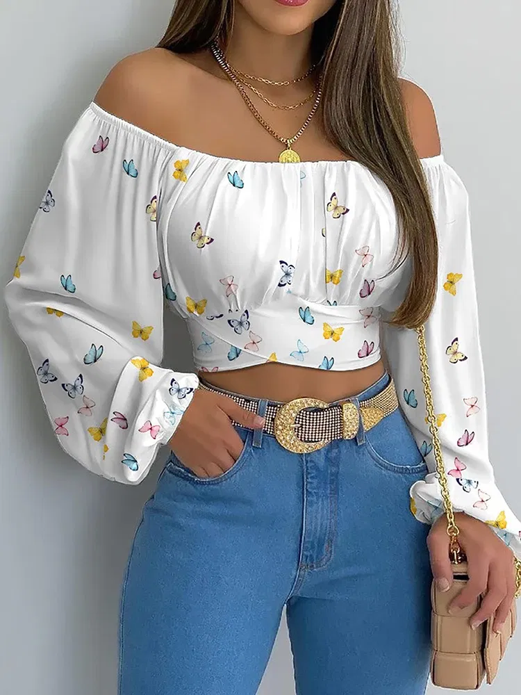 Color: Beige, Size: L - Women Sexy Off Shoulder Blouse Chic and Elegant Printing Lantern Long Sleeve Lace Up Bow Cropped Tops Casual Slim Shirts 2024