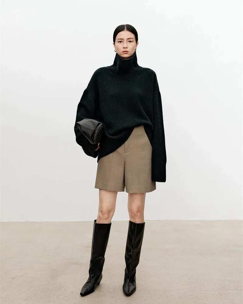 Color: Ivory, Size: L, Ships From: CHINA - Turtleneck pure cashmere sweater female loose and thick languid lazy wind pullover sweater knitting base WOOL sweater