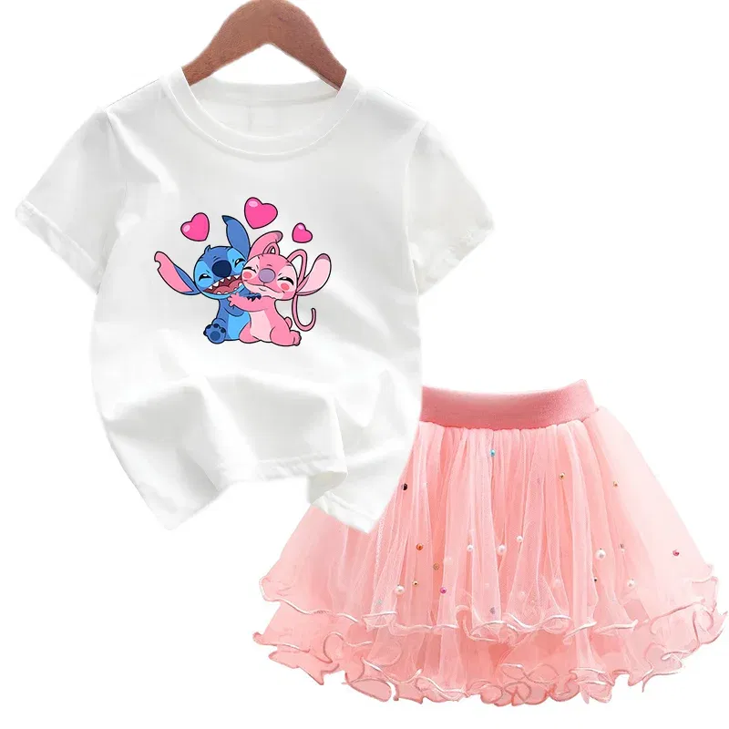 Color: Blue, Kid Size: 4T - 2pcs Lilo Stitch Summer Girls Outfits Cartoon T-shirt and Tutu Skirt Princess Clothes Suit Children Birthday Clothing Sets