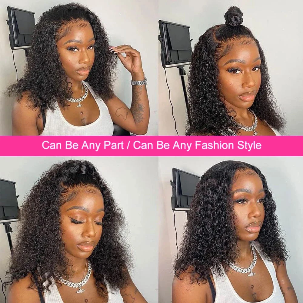 Hair Color: #1, Ships From: CHINA, Stretched Length: 14inches, Density: 150% - Water Wave Bob Wig Glueless Preplucked Human Wigs Ready To Go 13x4 Frontal Brazilian Wigs HD Transparent Lace Wig Deep Curls