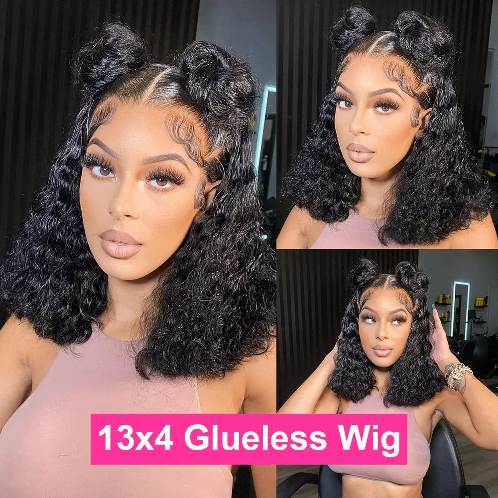 Hair Color: #1, Ships From: CHINA, Stretched Length: 14inches, Density: 150% - Water Wave Bob Wig Glueless Preplucked Human Wigs Ready To Go 13x4 Frontal Brazilian Wigs HD Transparent Lace Wig Deep Curls