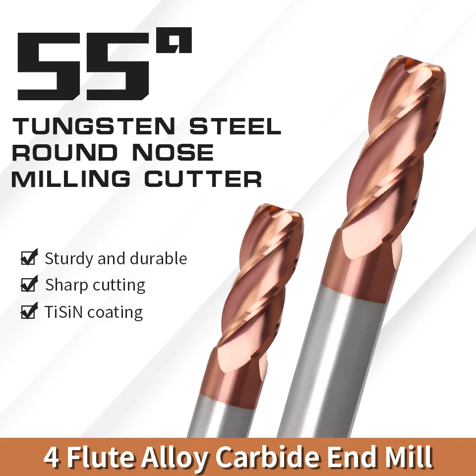 Cutting Edge Diameter: 1.9mm, Dimensions: 3.175*1*3 - AUGT HRC55 Carbide Bull Nose End Mill 4Flutes Copper Milling Cutter Alloy Coating Tungsten Steel Cutting Tool For CNC Maching