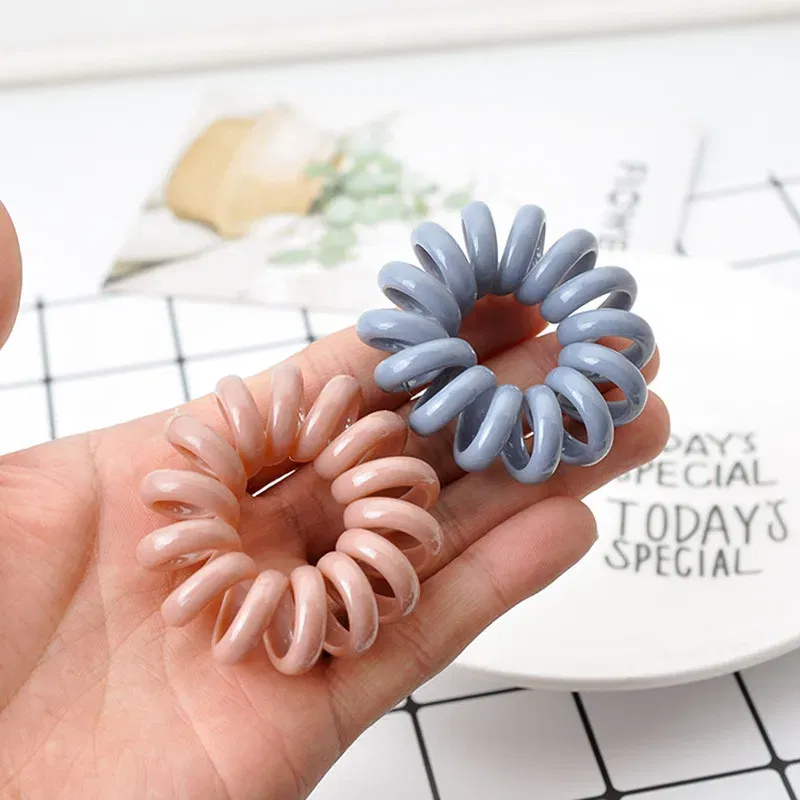 Color: Beige - High Elasticity Telephone Coil Hairbands Women Spiral Hair Ties Girl Hair Ring Rope Solid Color Hair Accessories Ponytail Holder