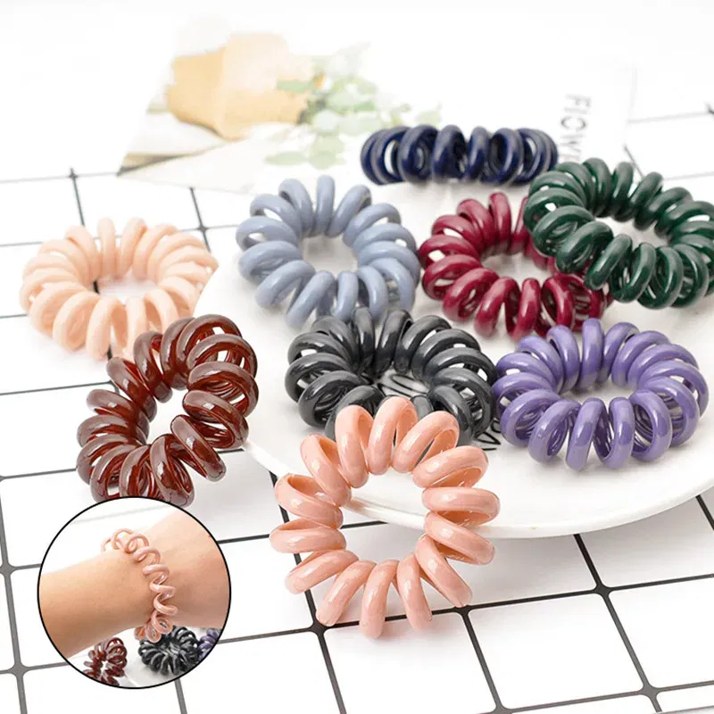 Color: Beige - High Elasticity Telephone Coil Hairbands Women Spiral Hair Ties Girl Hair Ring Rope Solid Color Hair Accessories Ponytail Holder