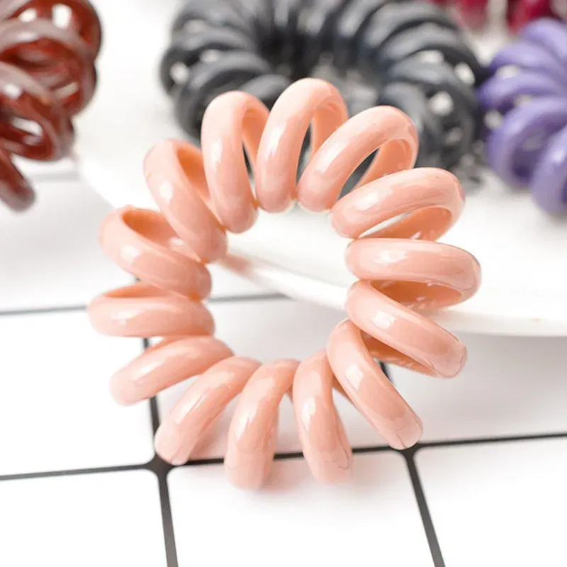 Color: Beige - High Elasticity Telephone Coil Hairbands Women Spiral Hair Ties Girl Hair Ring Rope Solid Color Hair Accessories Ponytail Holder