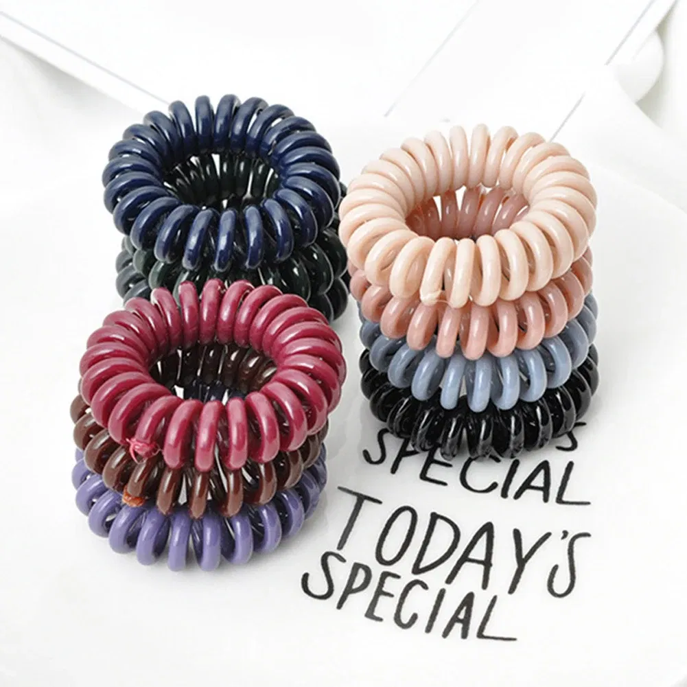 Color: Beige - High Elasticity Telephone Coil Hairbands Women Spiral Hair Ties Girl Hair Ring Rope Solid Color Hair Accessories Ponytail Holder