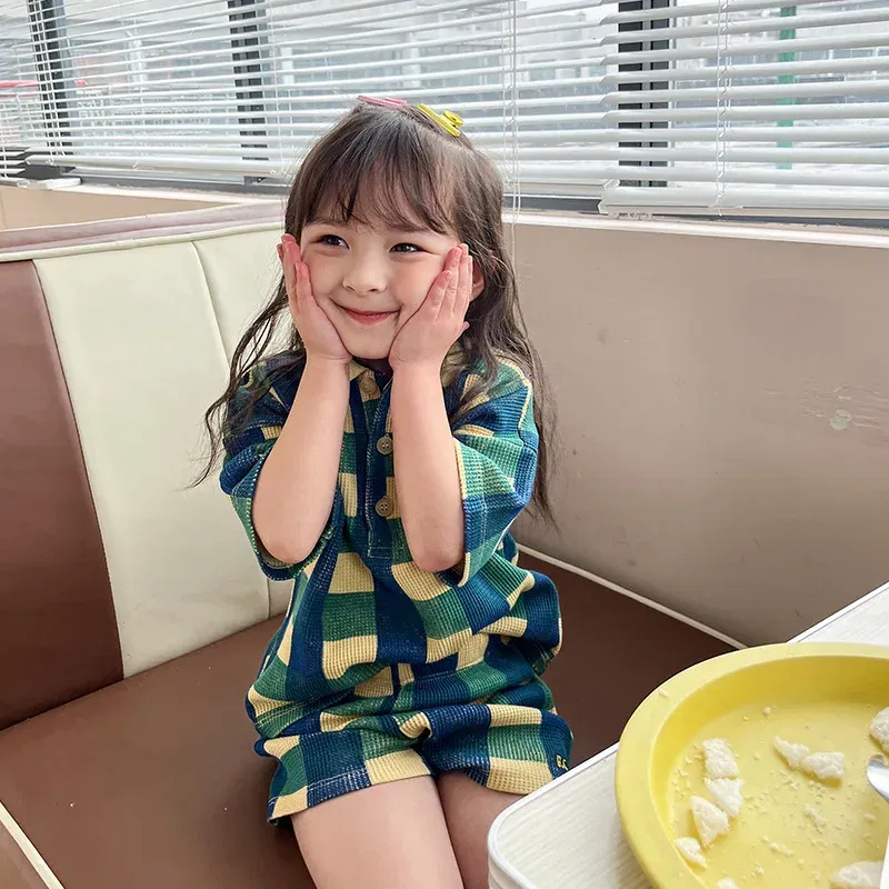 Color: Army Green, Kid Size: 10T - 2024 INS Children's T-shirt Summer Girls Korean Style Sweet and Cute Dress Polo Top Waffle Set Clothing