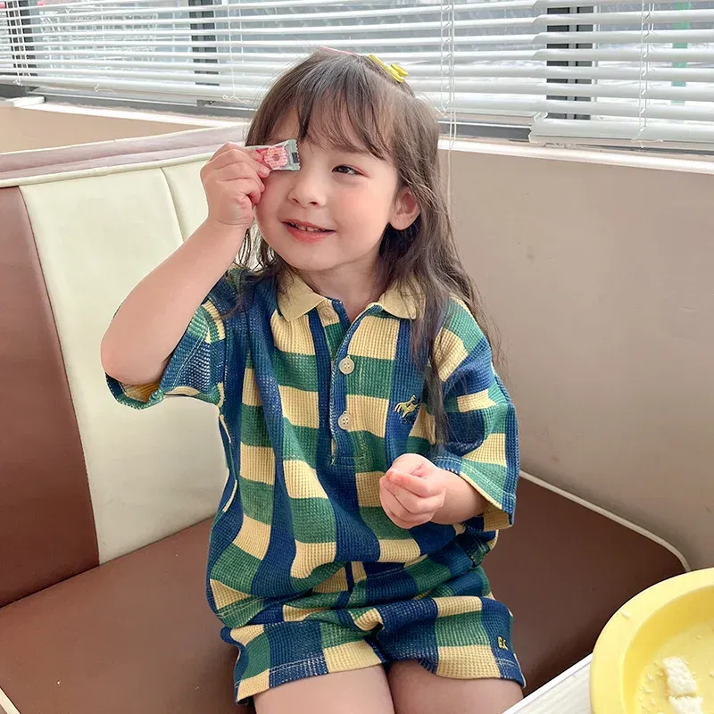 Color: Army Green, Kid Size: 10T - 2024 INS Children's T-shirt Summer Girls Korean Style Sweet and Cute Dress Polo Top Waffle Set Clothing