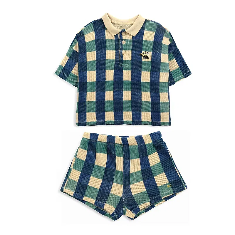 Color: Army Green, Kid Size: 10T - 2024 INS Children's T-shirt Summer Girls Korean Style Sweet and Cute Dress Polo Top Waffle Set Clothing