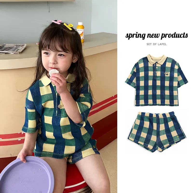 Color: Army Green, Kid Size: 10T - 2024 INS Children's T-shirt Summer Girls Korean Style Sweet and Cute Dress Polo Top Waffle Set Clothing