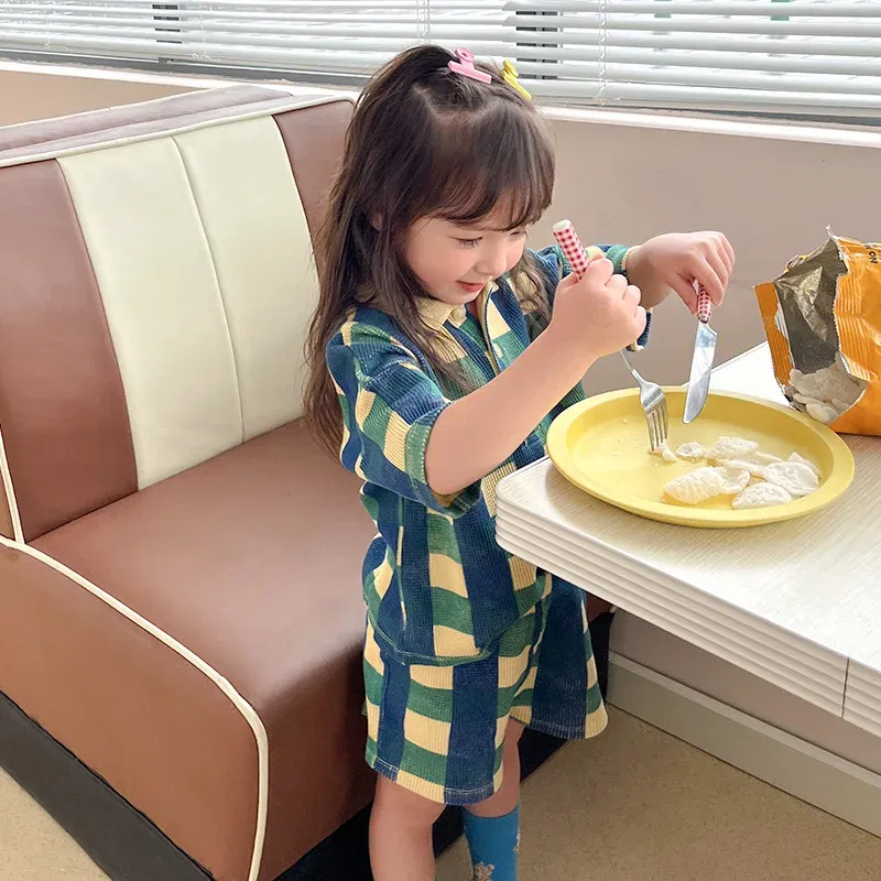 Color: Army Green, Kid Size: 10T - 2024 INS Children's T-shirt Summer Girls Korean Style Sweet and Cute Dress Polo Top Waffle Set Clothing