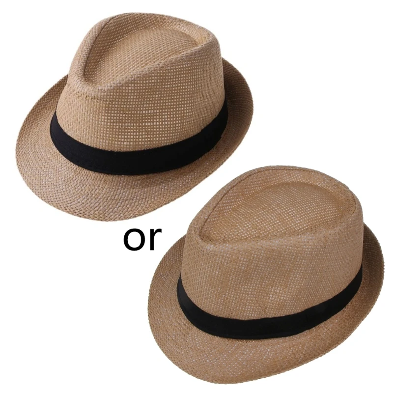 Color: Black - Children Kids Summer Beach Straw Hat Panama Breathable Hat Large Brim Outdoor Breathable Hats Girls Boy Sunhat