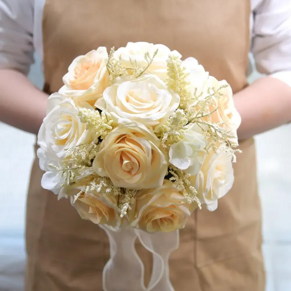 Color: Pink, Ships From: CHINA - Non-fading Artificial Rose Realistic Reusable Wedding Artificial Rose Bouquet with Ribbon Bowknot Green Leaves Elegant