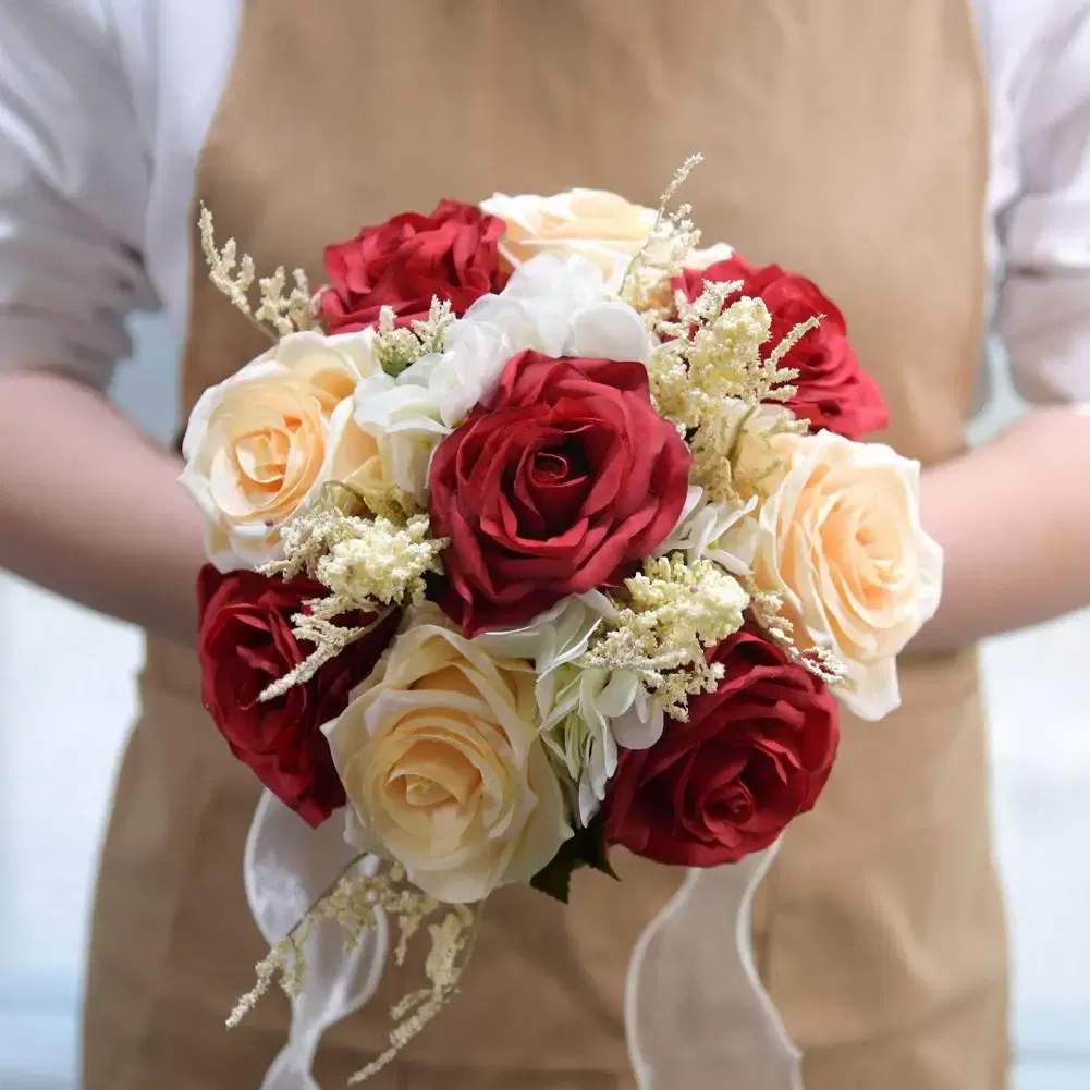 Color: Pink, Ships From: CHINA - Non-fading Artificial Rose Realistic Reusable Wedding Artificial Rose Bouquet with Ribbon Bowknot Green Leaves Elegant