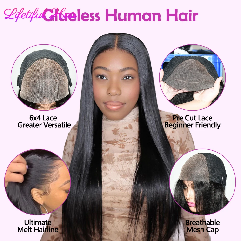 Hair Color: #1B, Density: 200%, Ships From: CHINA, Stretched Length: 28inches - 32 Inch 6x4 Bone Straight Human Hair Wigs Glueless Wig Human Hair Ready To Wear Pre-cut Brazilian 100% Human Hair Wigs For Women