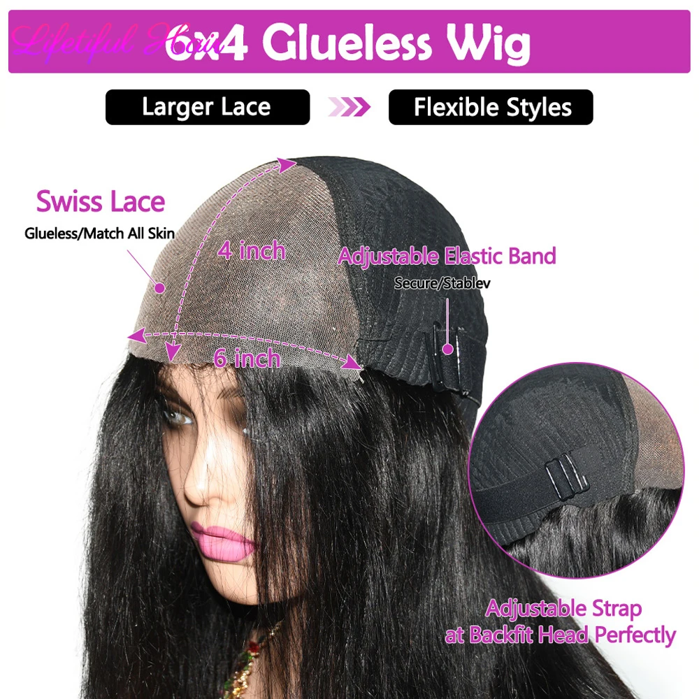 Hair Color: #1B, Density: 200%, Ships From: CHINA, Stretched Length: 28inches - 32 Inch 6x4 Bone Straight Human Hair Wigs Glueless Wig Human Hair Ready To Wear Pre-cut Brazilian 100% Human Hair Wigs For Women