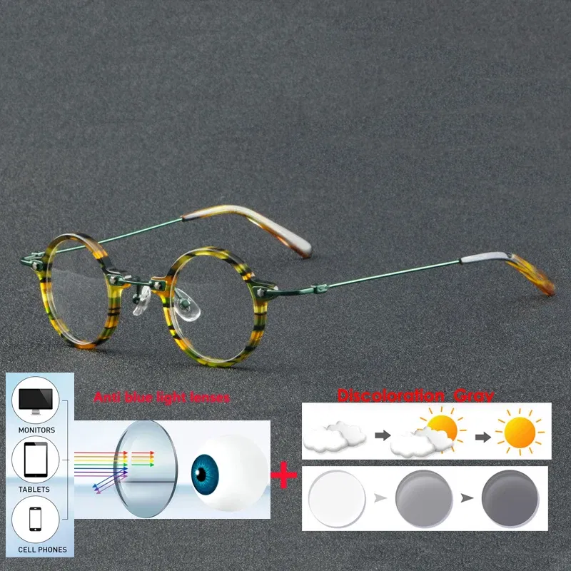 Frame Color: green, Eye Prescription: +325 - VCKA Anti-blue Discolor Acetate+Titanium Myopia Glasses Frames Small Round Men Prescription Optical Women Eyewear -0.50 to -10.0