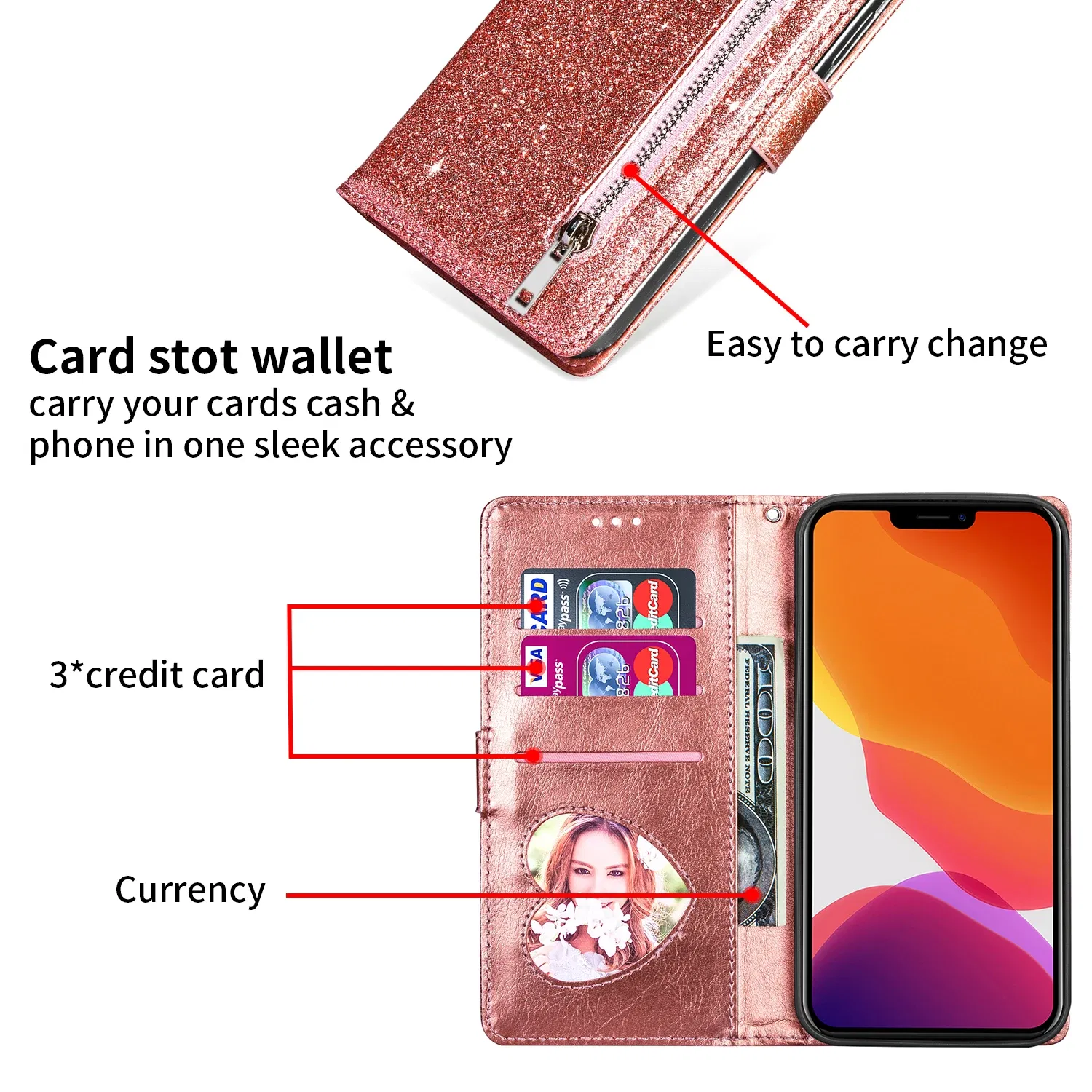 Color: Rose Red, Material: Acrylic - Zipper Flip Wallet Glitter Leather Case for iPhone 16 15 14 13 12 11 Pro Max XS XR 8 7 Plus SE 2022 Mini Bling Stand Phone Cover