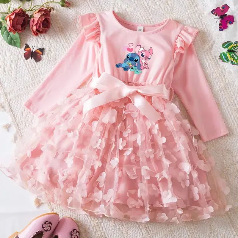 Color: Light Yellow, Size: One Size, Height: 164 - Lilo Stitch Girl Baby Dresses Spring Autumn Child Long Sleeve Sweet Princess Dress Mesh Newborn Casual Dress Birthday Party 2-6Y