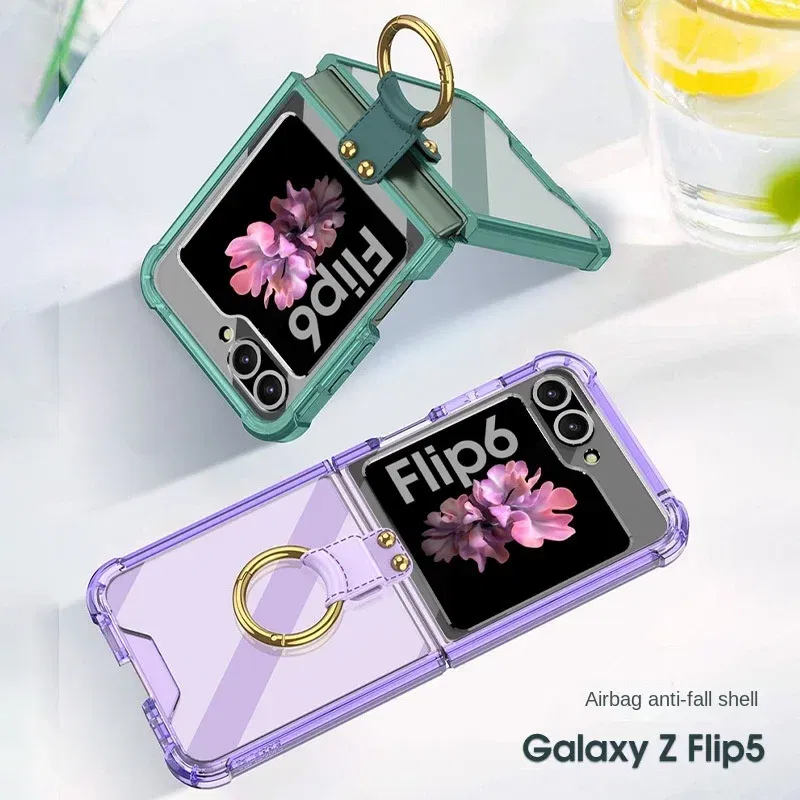 Color: Beige, Material: aluminum - Electroplated Transparent Airbag Ring Phone Case for Samsung Galaxy Z Flip 6 5 Flip6 Flip5 5G Stand Shockproof Cover