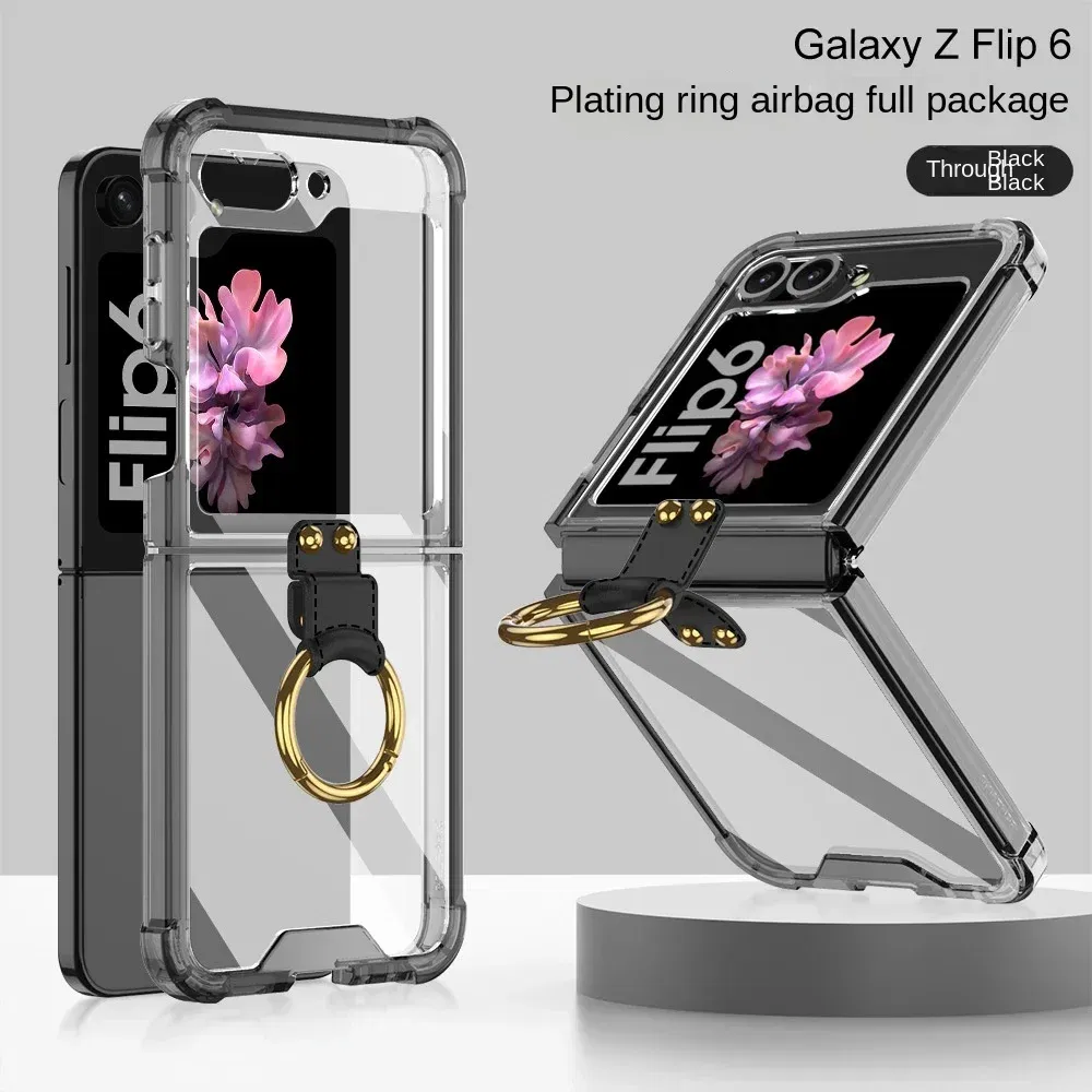 Color: Beige, Material: aluminum - Electroplated Transparent Airbag Ring Phone Case for Samsung Galaxy Z Flip 6 5 Flip6 Flip5 5G Stand Shockproof Cover