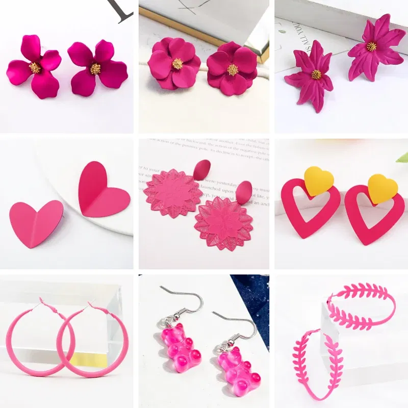 Metal Color: black chrome - 2024 New Rose Red Flower Hanging Earrings for Women Love Heart Blooming Florals Cute Lovely Female Ear Jewelry brincos new