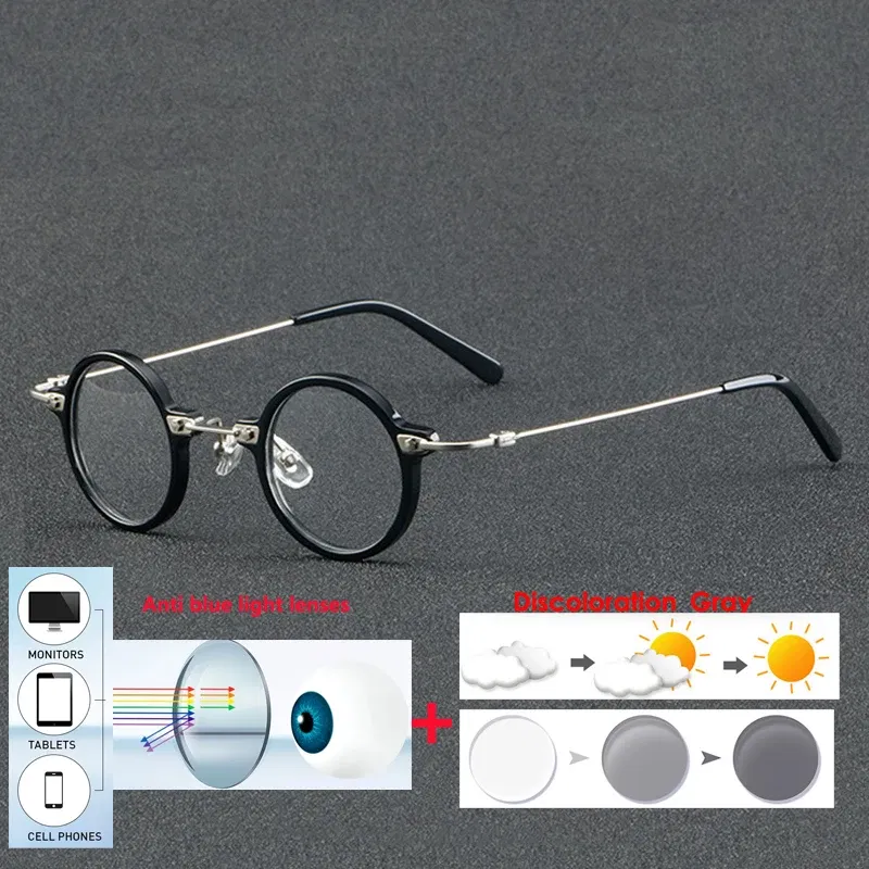 Frame Color: black, Eye Prescription: 0 - VCKA Anti-blue Discolor Acetate+Titanium Myopia Glasses Frames Small Round Men Prescription Optical Women Eyewear -0.50 to -10.0