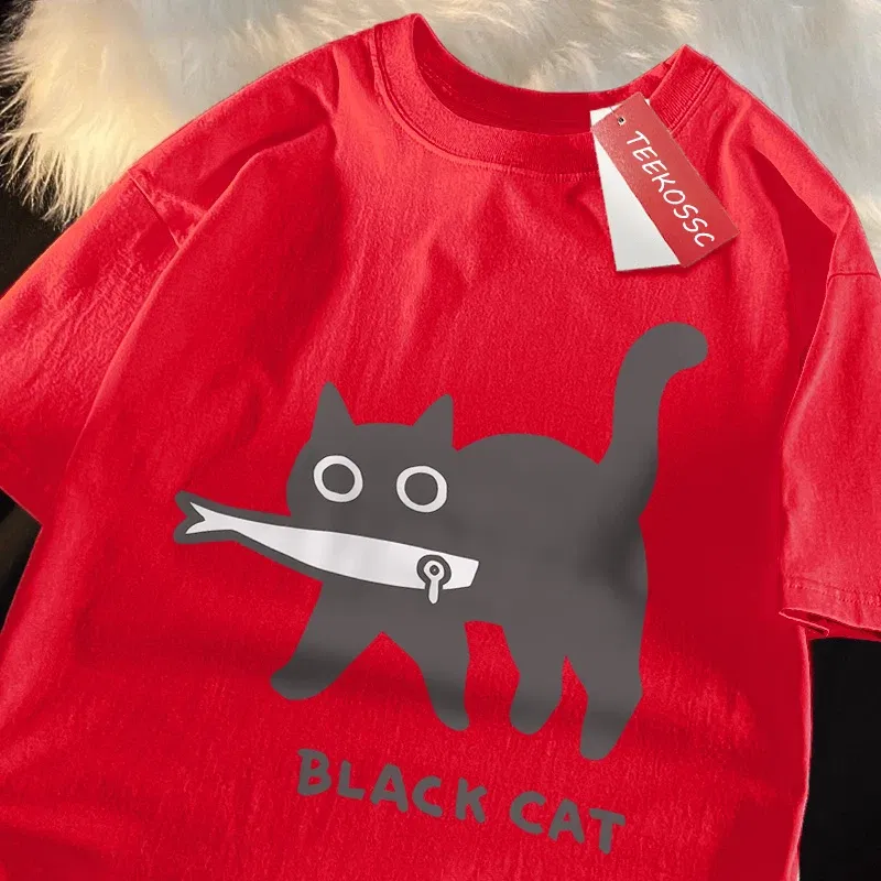 Color: army green, Size: M - Fun A Black Cat Eating Fish Japanese Style Men Women T-Shirt Fashion Print T Shirt Breathable Oversize T-Shirts Cotton Clothes