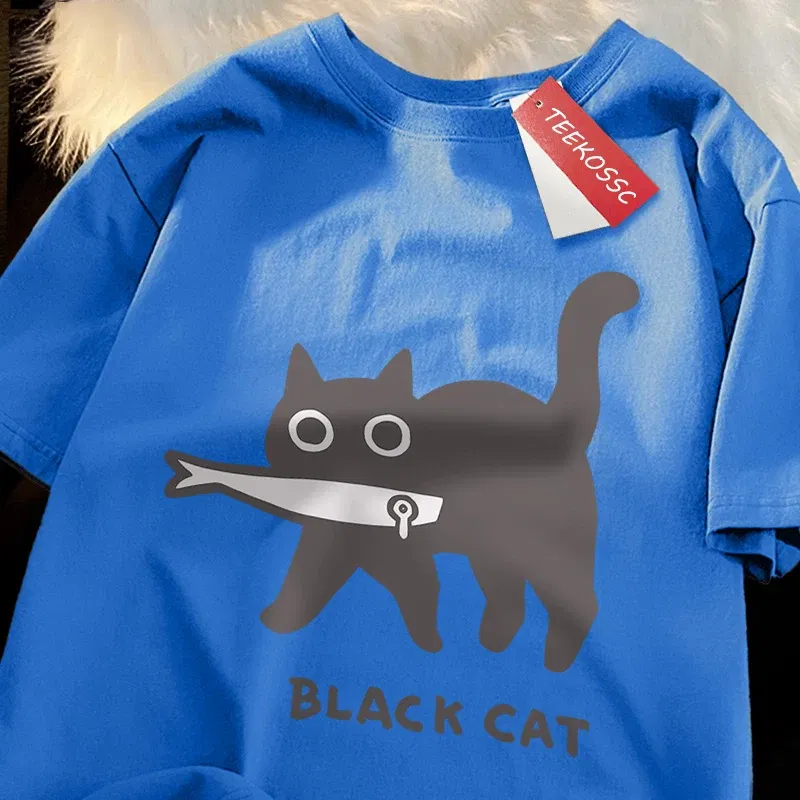 Color: army green, Size: M - Fun A Black Cat Eating Fish Japanese Style Men Women T-Shirt Fashion Print T Shirt Breathable Oversize T-Shirts Cotton Clothes
