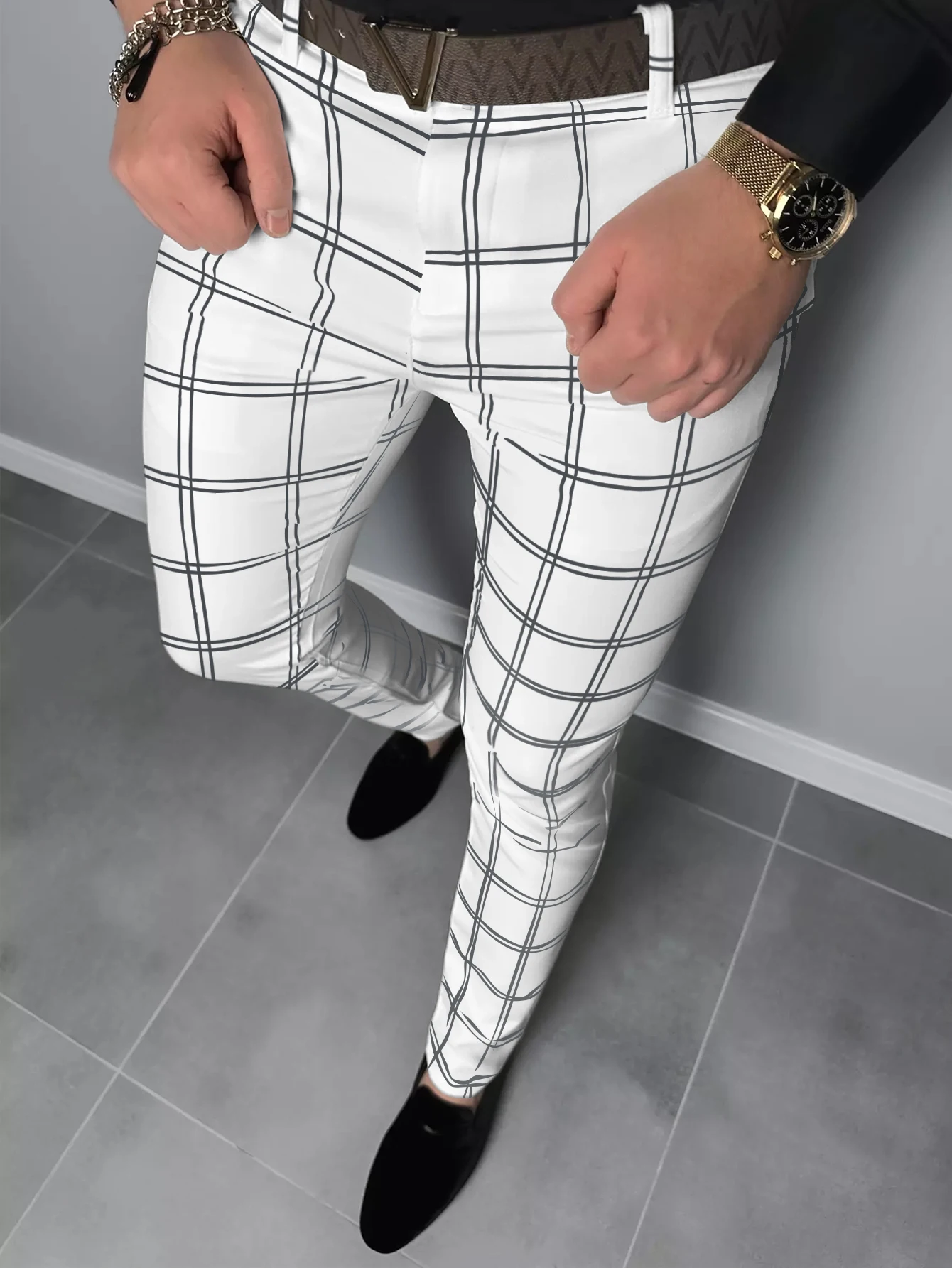 Color: black, Size: L - Checkered Fashion Europe and the United States Style Men's Pants Business Casual Travel Slim Pants Comfortable and Versatile