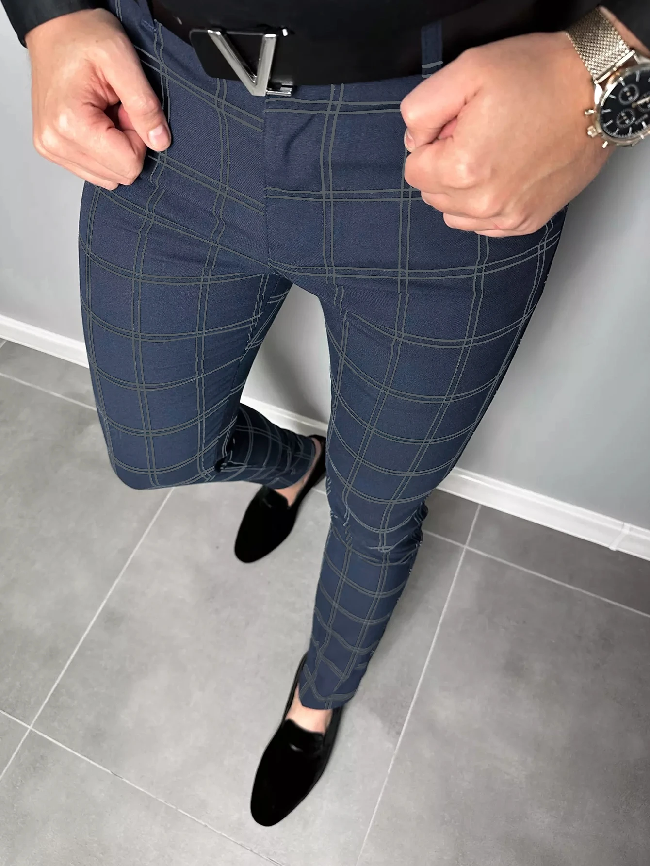 Color: black, Size: L - Checkered Fashion Europe and the United States Style Men's Pants Business Casual Travel Slim Pants Comfortable and Versatile