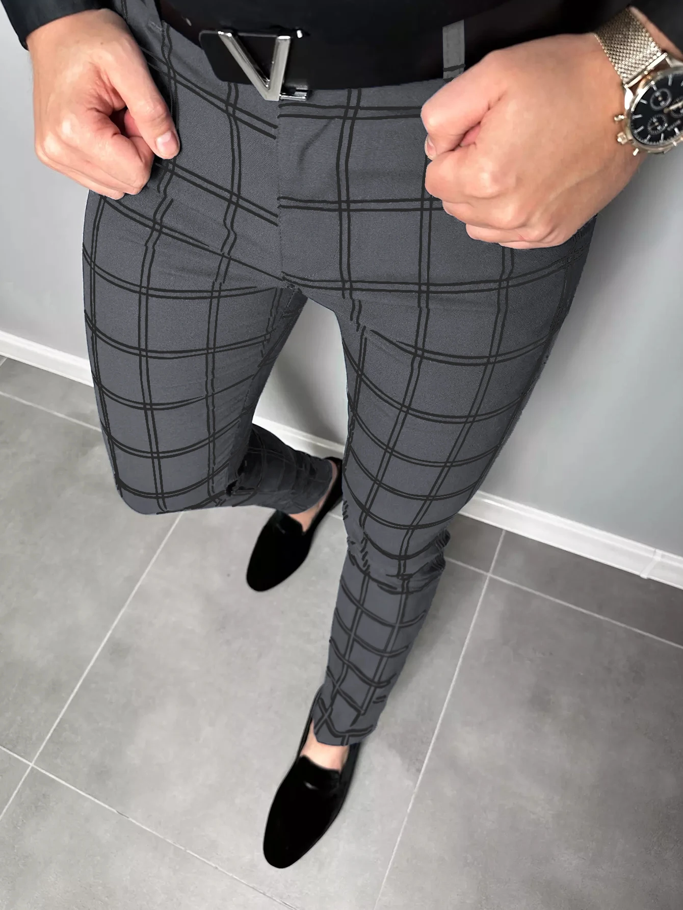 Color: black, Size: L - Checkered Fashion Europe and the United States Style Men's Pants Business Casual Travel Slim Pants Comfortable and Versatile