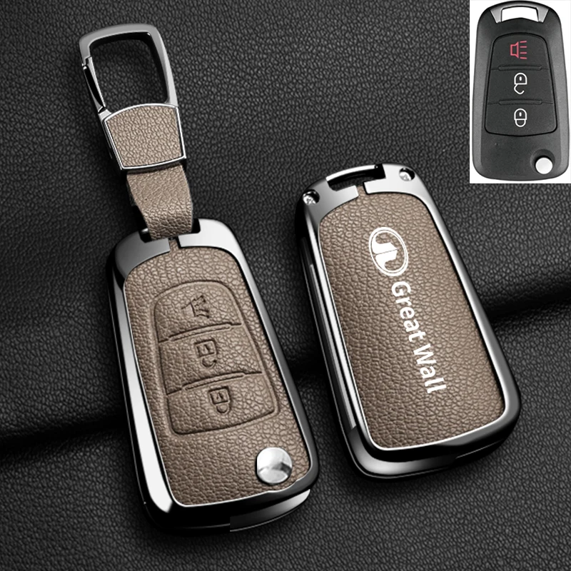 Color Name: BROWN - Alloy Car Key Case Cover For Great Wall Haval Hover Wingle 5 6 H3 H5 H6 H1 H3 C30 C50 M4 3Buttons Shell Bag Protector Keychain