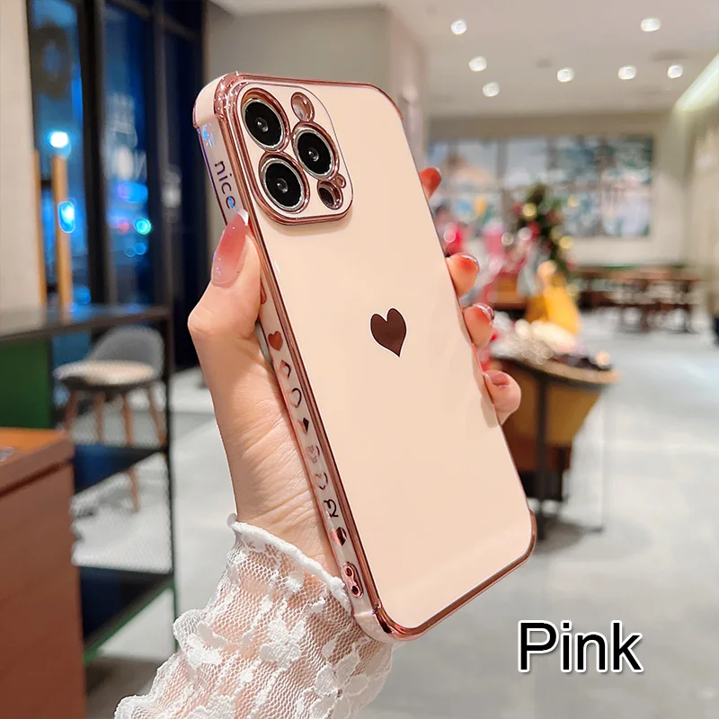 Color: Khaki, Compatible-Phone Models: For iPhone 15 Pro, Ships From: CN - Electroplating Side Love Heart Phone Case For IPhone 17 16 15 14 13 12 11 Pro Max XR 8 Plus SE2/SE3 Shockproof Back Cover