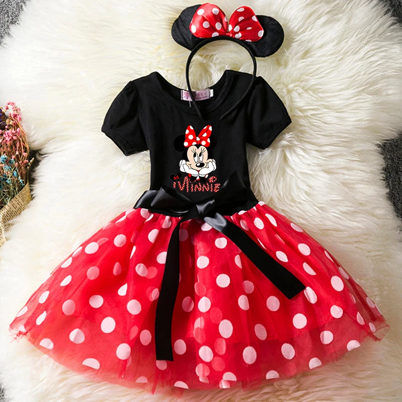 Color: Gold, Size: XXS - Cartoon Mickey Minnie Mouse Kids Short Sleeve Polka Dot Princess Dress 1-6Y Party Baby Girls Clothes Cosplay Costumes