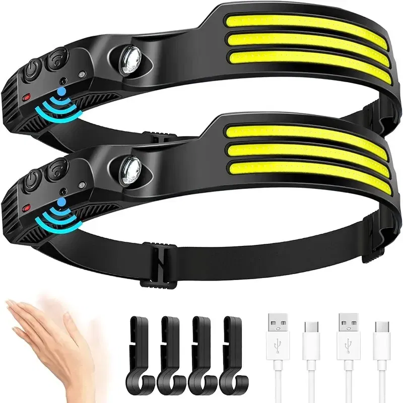 Emitting Color: Yellow - COB LED Headlamp Induction Head Lamp Built-in Battery USB Rechargeable Head Flashlight Outdoor Camping Fishing Sensor Headlight
