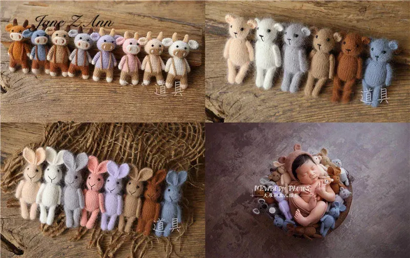 Color: Silver, Size: ONE SIZE - Handmade mink plush dolls knitted calf rabbit bear mouse newborn full moon photography props