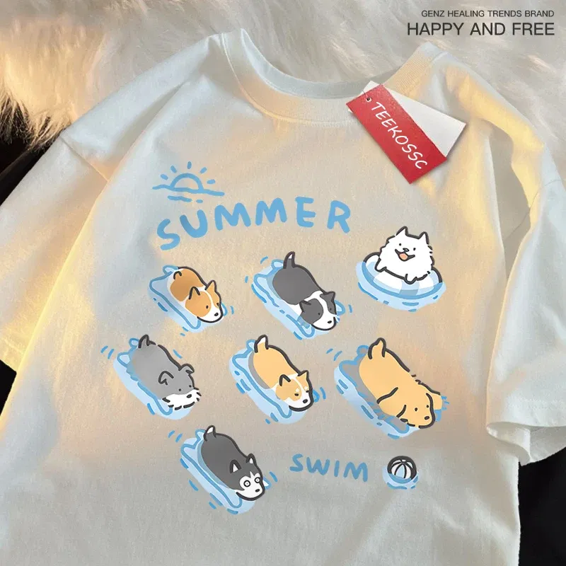 Color: Blue, Size: M - Fun Cat And Dog Swimming Japanese Style T-Shirt Female Casual Loose T-Shirts Summer Cotton Tops Fashion Breathable Tee Clothing