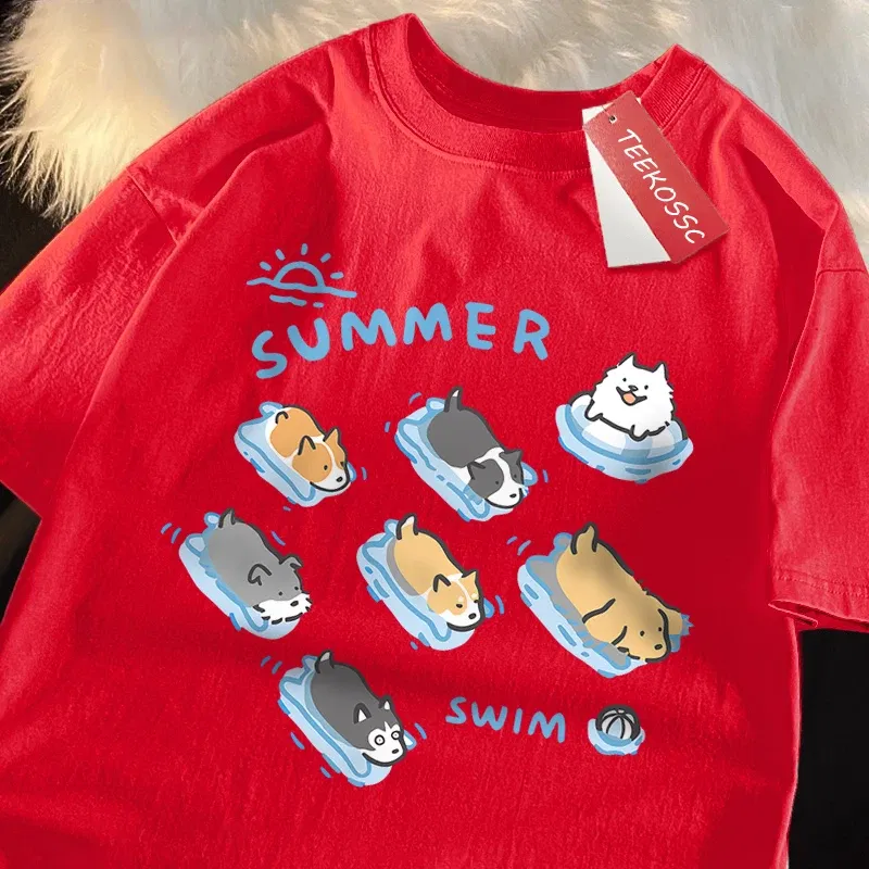 Color: Blue, Size: M - Fun Cat And Dog Swimming Japanese Style T-Shirt Female Casual Loose T-Shirts Summer Cotton Tops Fashion Breathable Tee Clothing
