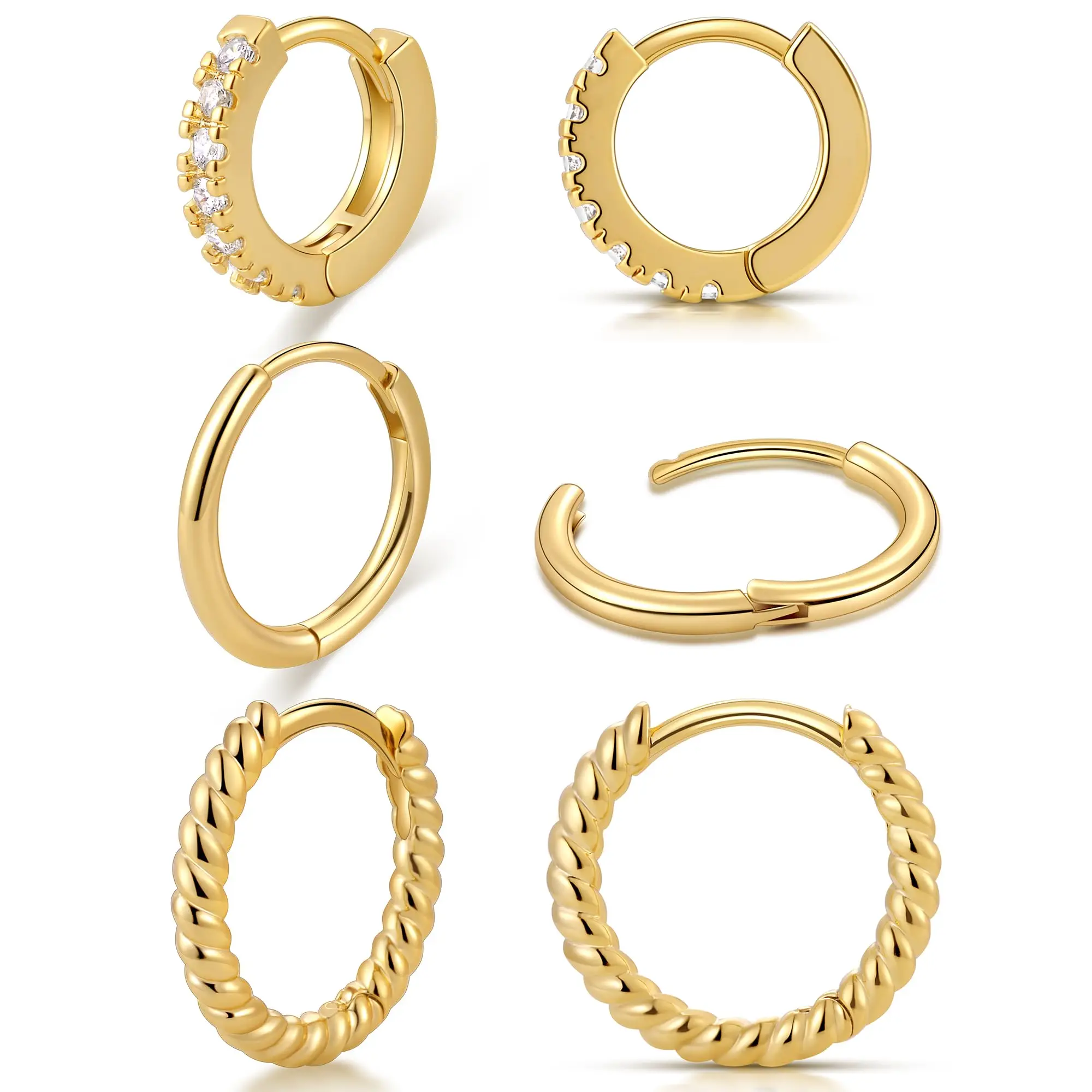 Metal Color: Rhodium Plated - Vonmoos New Women 3 Pairs Small Earrings Lady Classic 14K Gold Hoop Fashion Tiny Huggie Hoop Earrings Set Hypoallergenic Earring