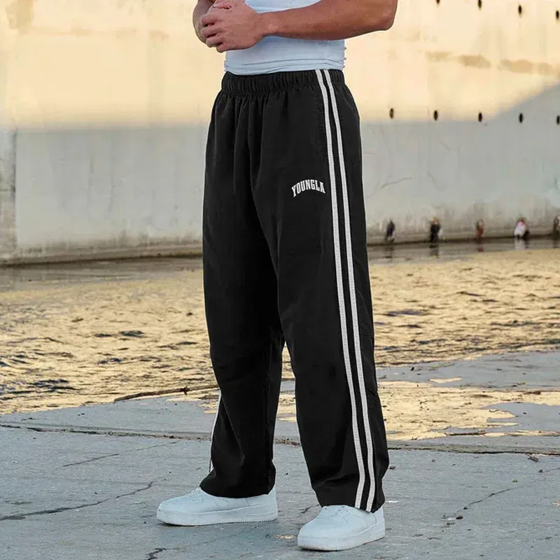 Color: Clear, Size: M - Jogger Men's Sweatpants Gym Sports Fitness Splicing Strips Printing Mid Waist Casual Pants Ya Fashion Men Clothing Wide Leg Pan